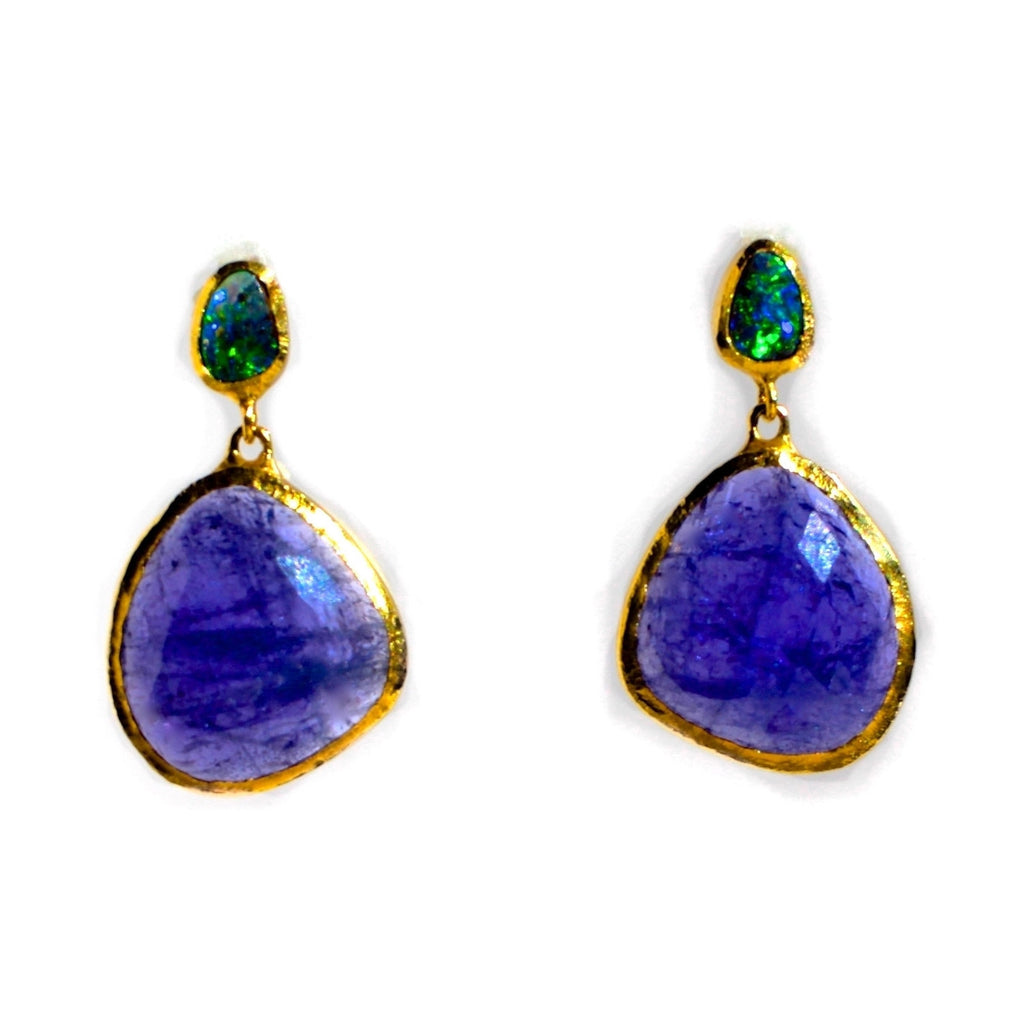 Tanzanite and Boulder Opal Earrings 18 K Gold